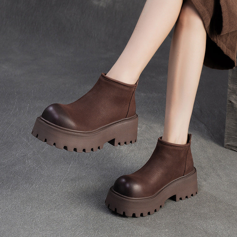 Women's Retro Plain Leather Chunky Platform Ankle Boots-RAIIFY