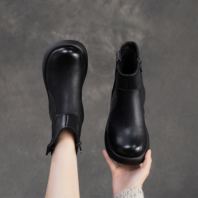 Women's Minimalist Plain Leather Furred Ankle Snow Boots-RAIIFY