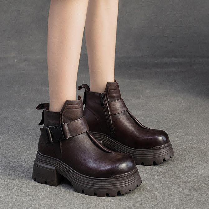 Women's Minimalist Plain Leather Buckle Furred Snow Boots-RAIIFY