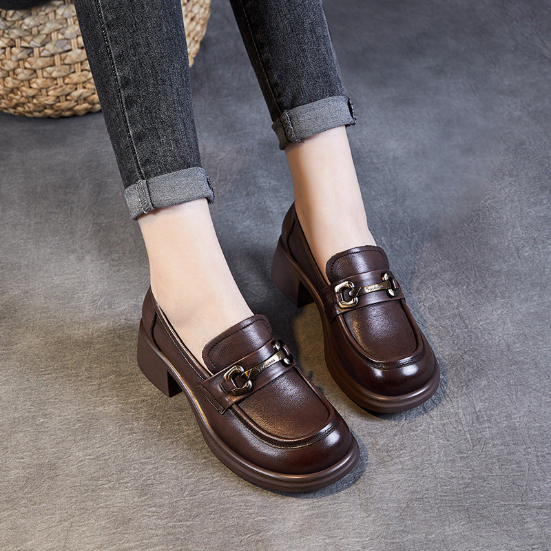 Women Retro Leather Chain Chunky Heel Loafers-RAIIFY
