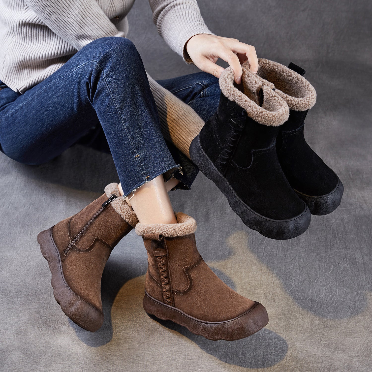 Women's Retro Suede Flat Ankle Snow Boots-RAIIFY