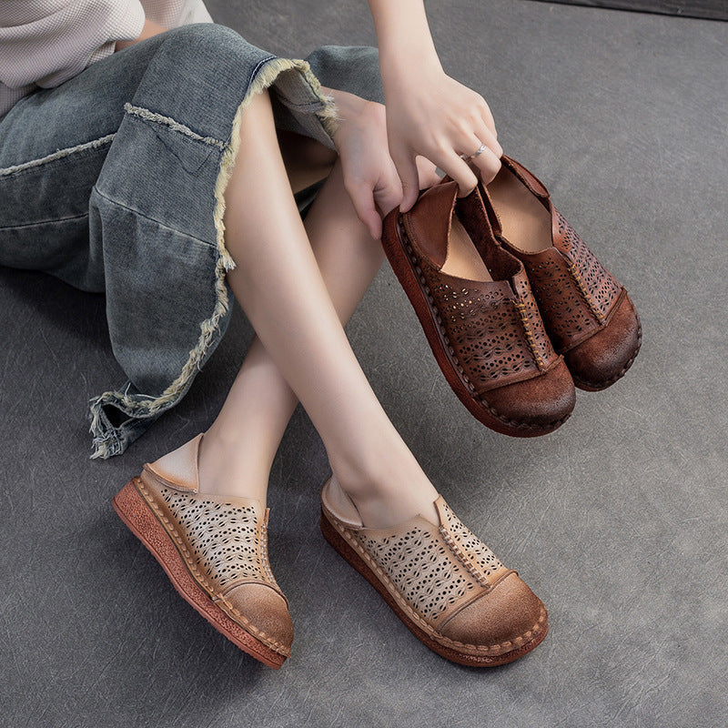 Women Retro Hollow Breathable Leather Casual Flats-RAIIFY