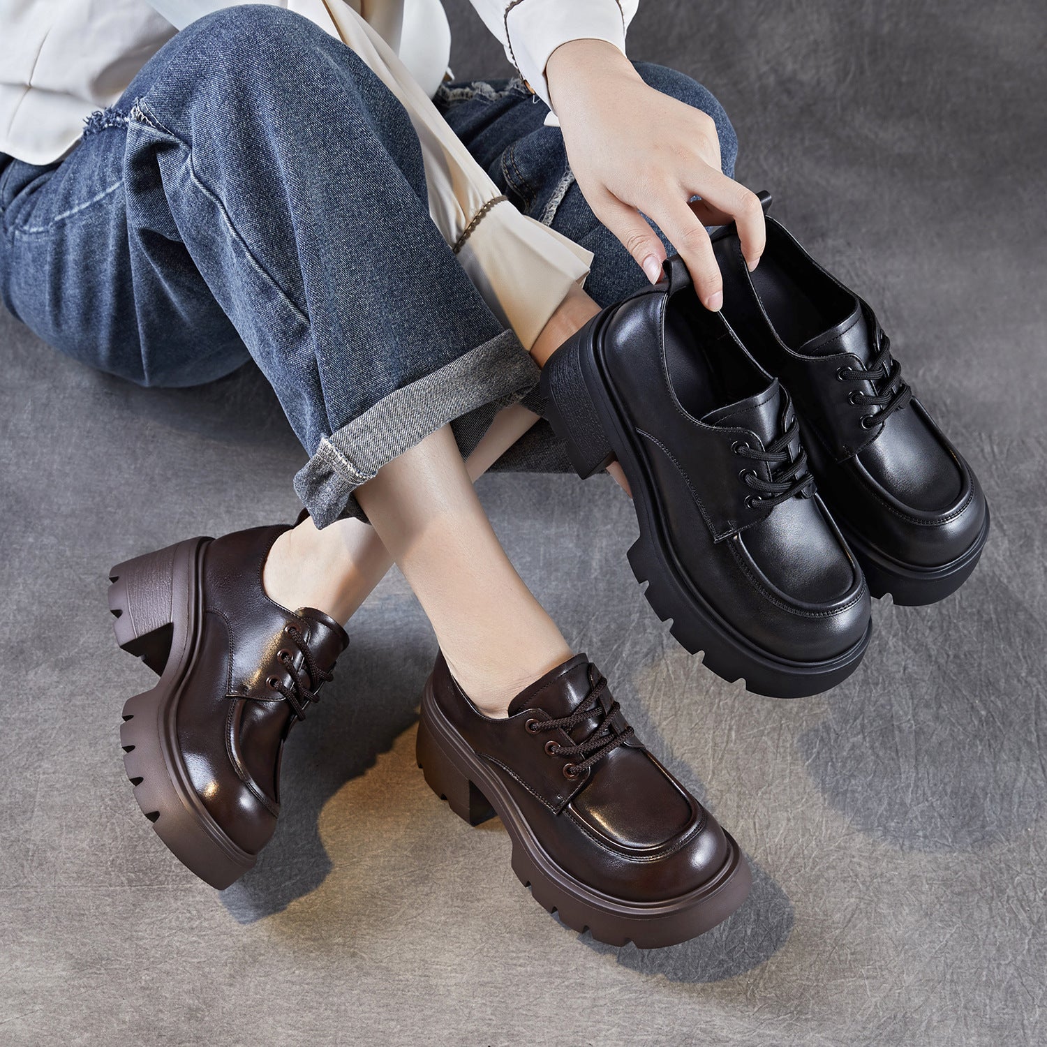 Women's Leather Lace-up Chunky Heel Loafers-RAIIFY