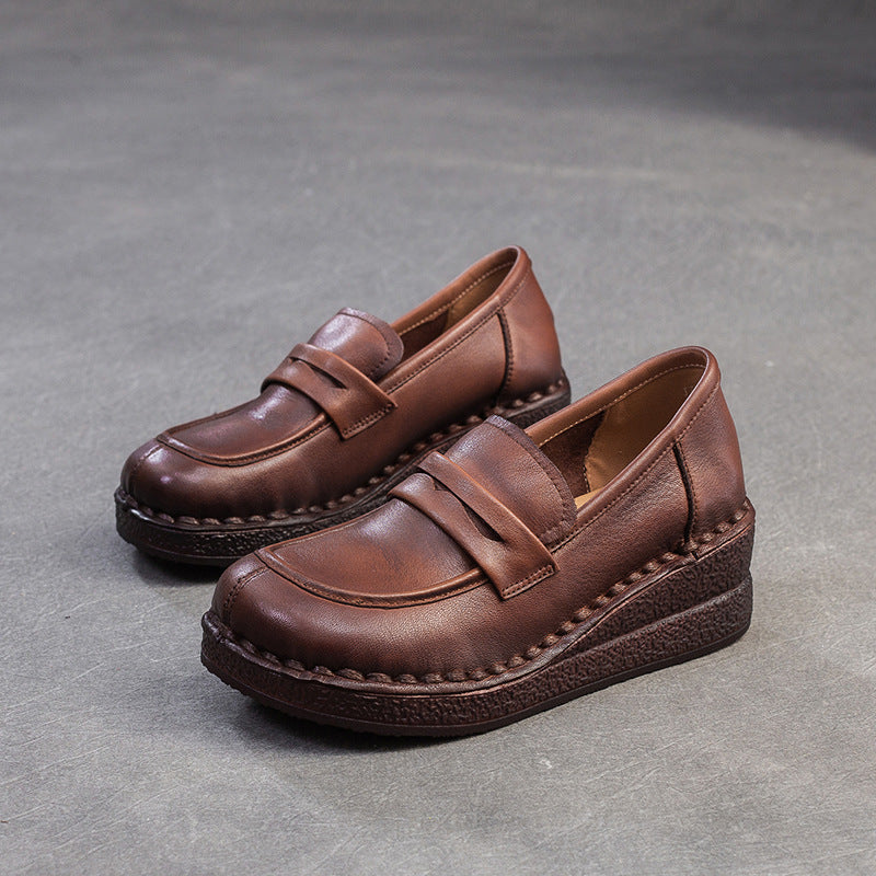 Women Minimalism Solid Leather Wedge Loafers-RAIIFY