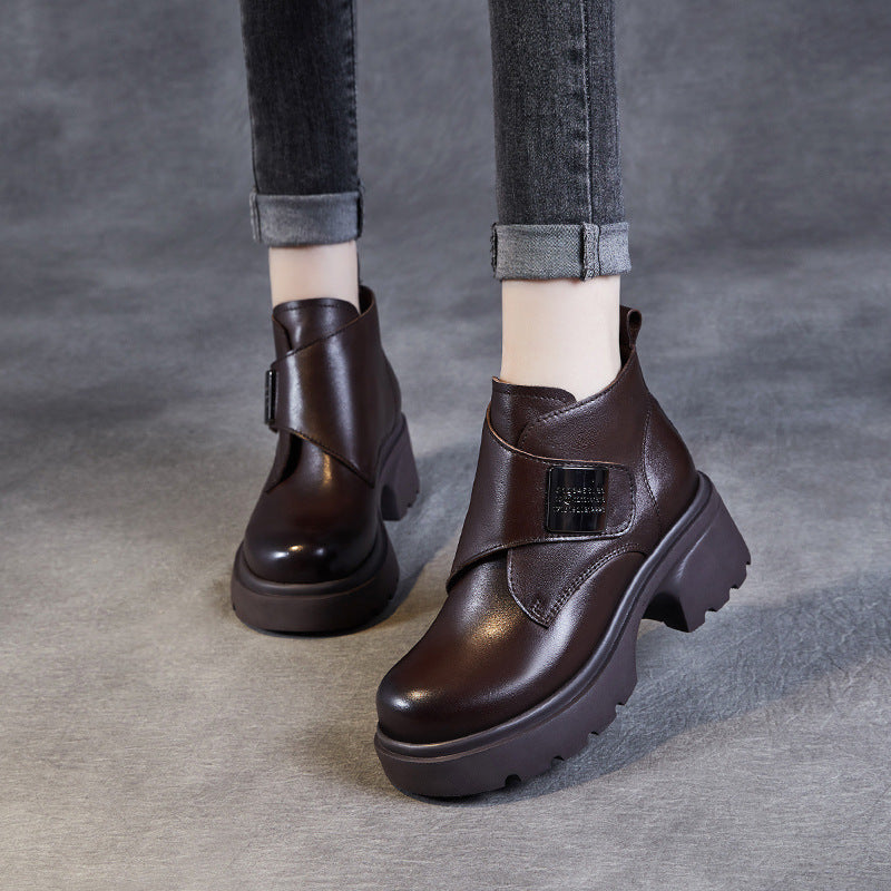 Women's Casual Leather Metal Velcro Ankle Boots-RAIIFY