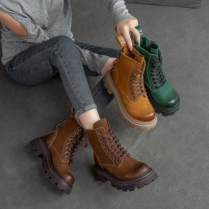 Women Fashion Solid Leather Motorcycle Riding Boots-RAIIFY