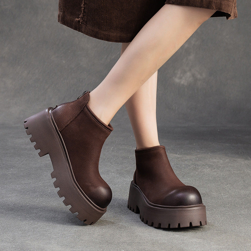 Women's Retro Plain Leather Chunky Platform Ankle Boots-RAIIFY