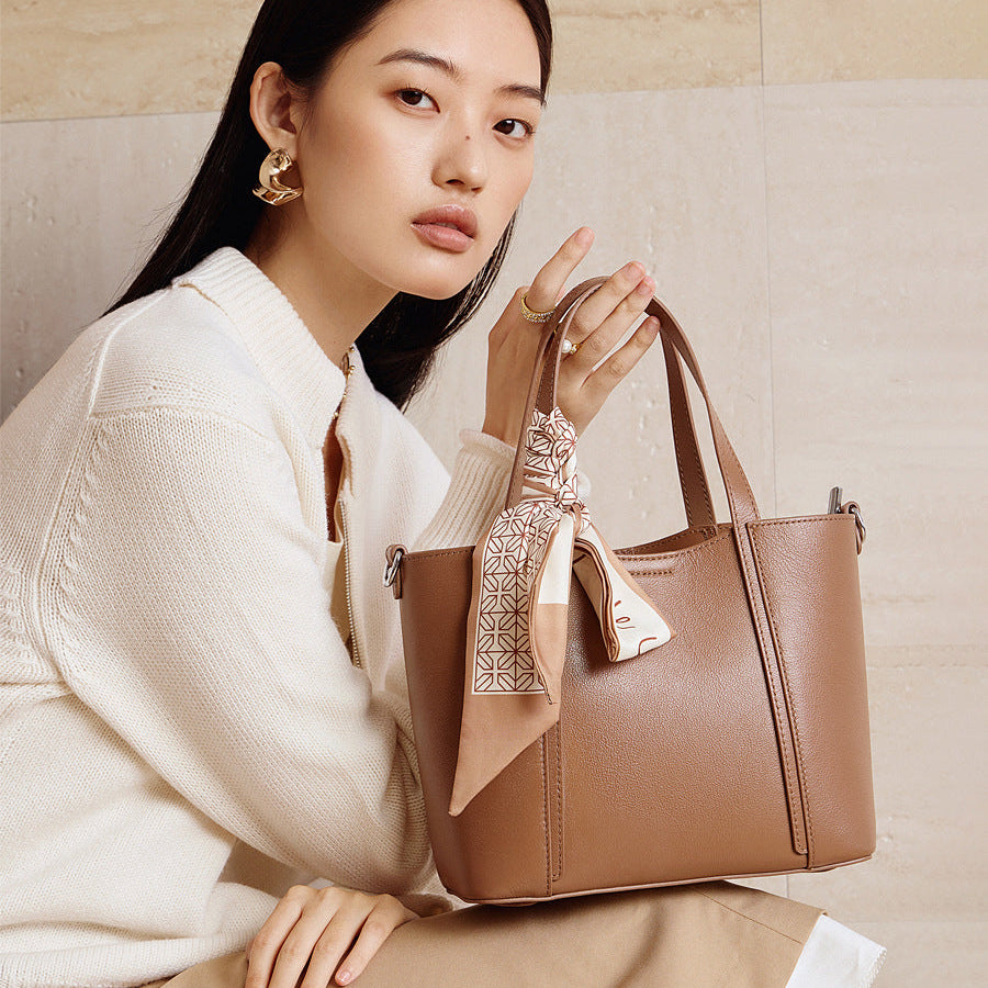 Women’s Elegant Plain Leather Silk Scarf Tote Bag-RAIIFY
