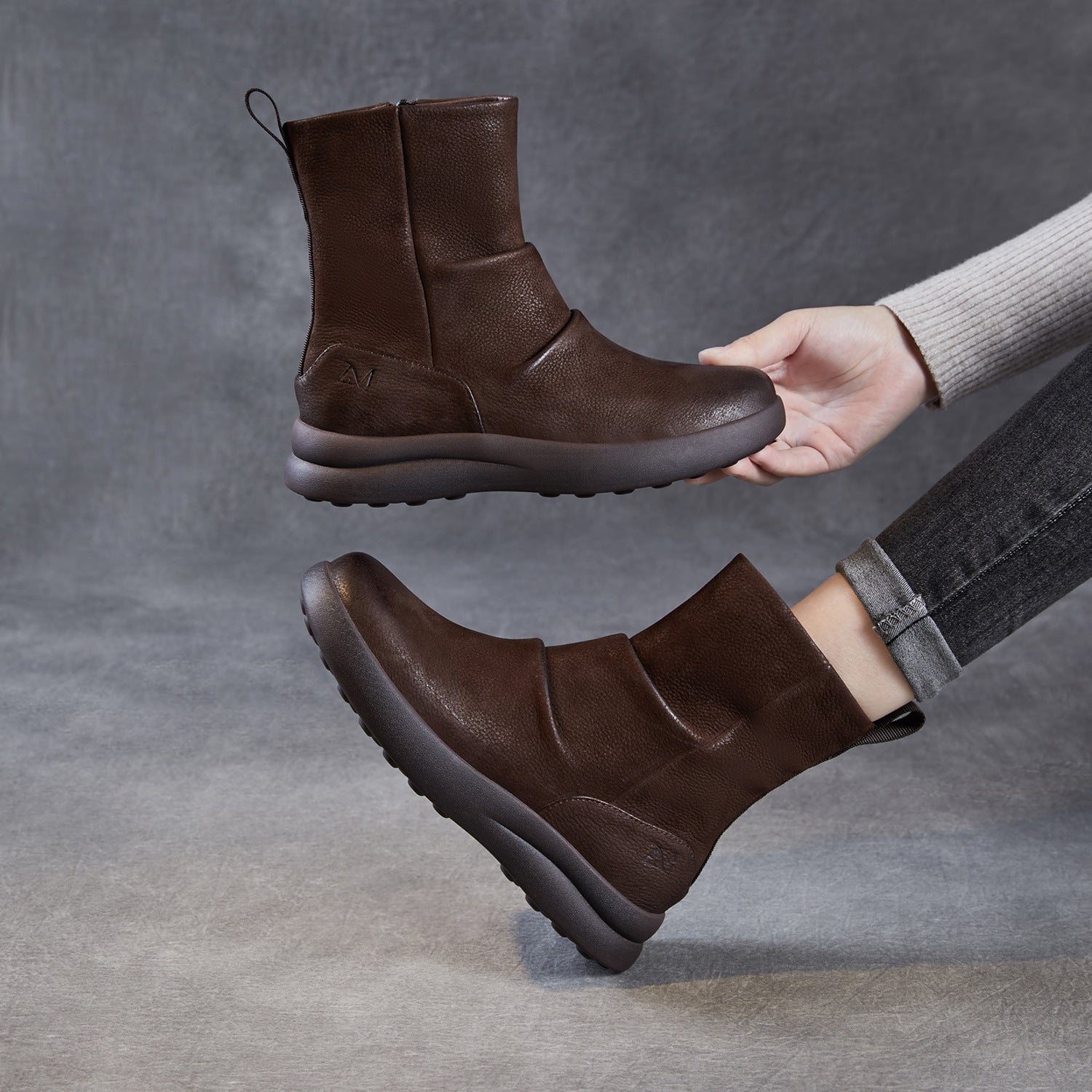 Women's Vintage Plain Leather Motorcycle Boots-RAIIFY