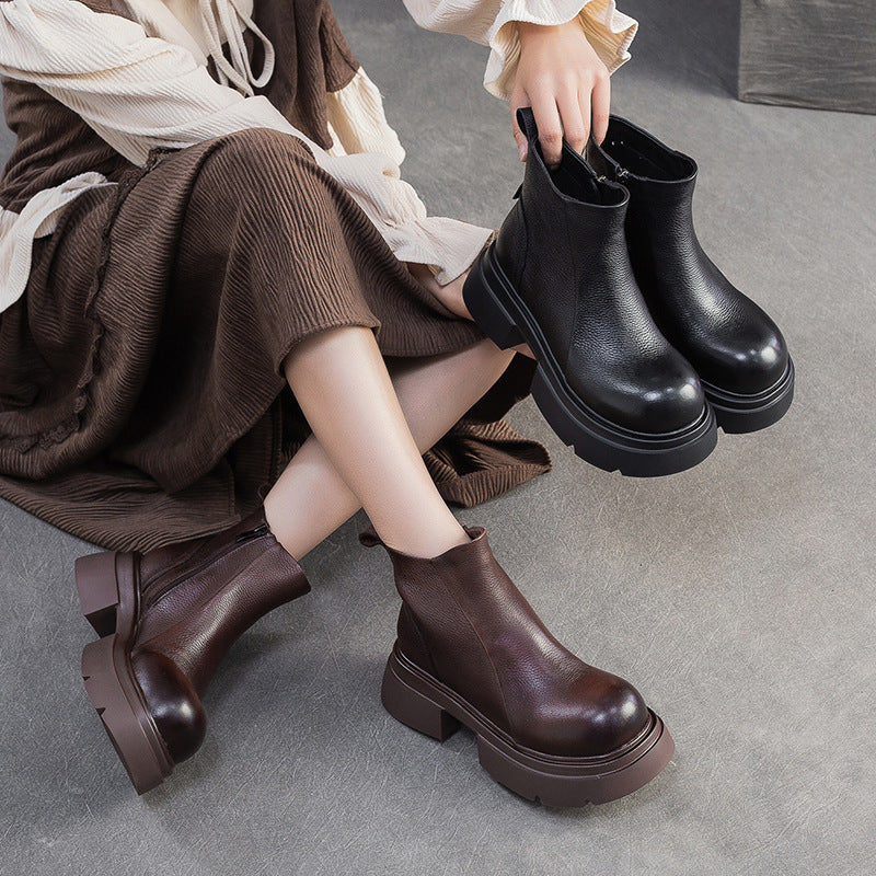 Women's Minimalist Plain Leather Platform Ankle Boots-RAIIFY