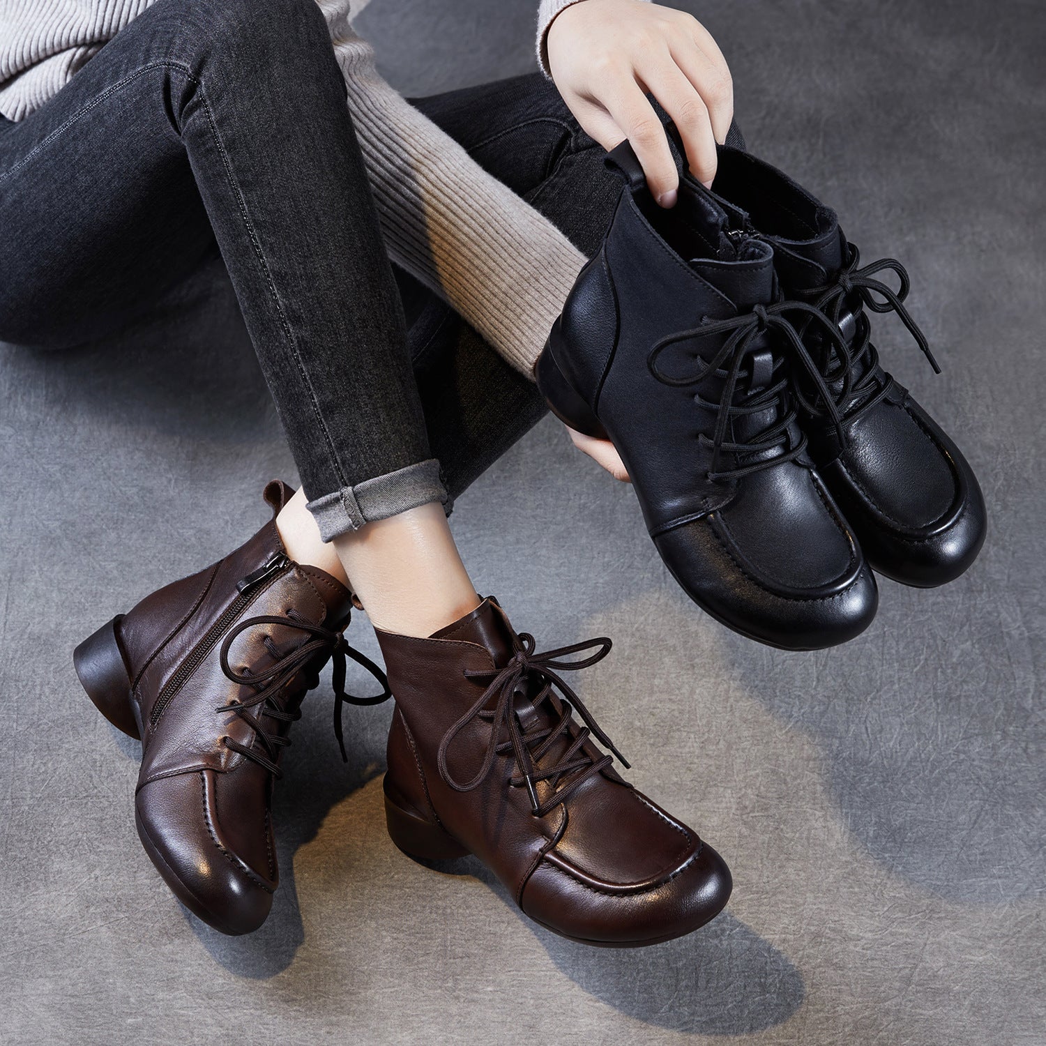 Women's Retro Leather Low Block Ankle Boots-RAIIFY