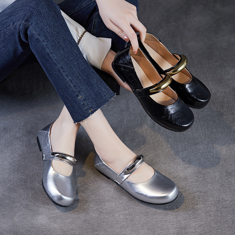 Women Plain Leather Flat Low Top Mary Jane Shoes-RAIIFY