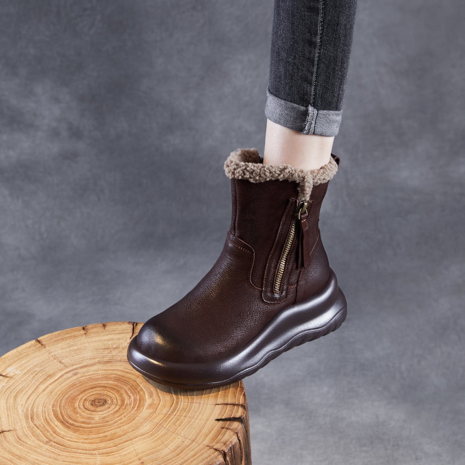 Women's Vintage Leather Furred Mid-Calf Snow Boots-RAIIFY