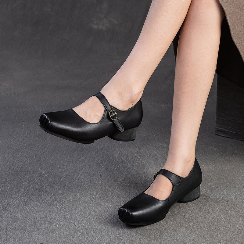 Women Retro Leather Buckle Low Block Casual Shoes-RAIIFY