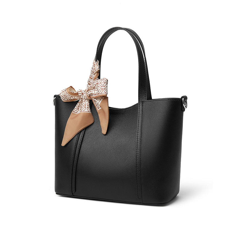 Women’s Elegant Plain Leather Silk Scarf Tote Bag-RAIIFY