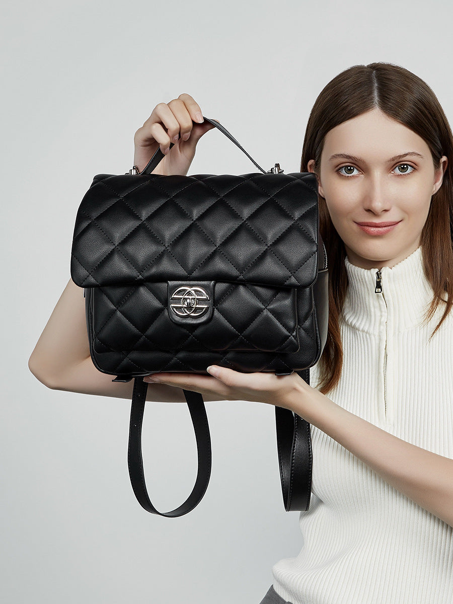 Women's Plain Quilted Leather Mini Backpack Handbag-RAIIFY