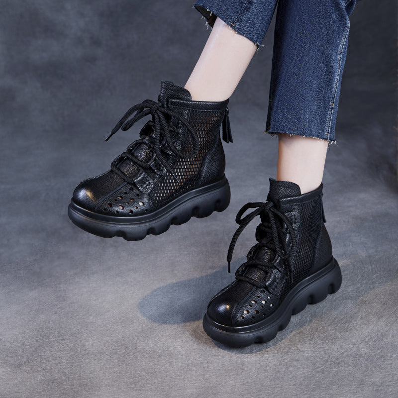 Women Plain Hollow Leather Mesh Platform Boots-RAIIFY