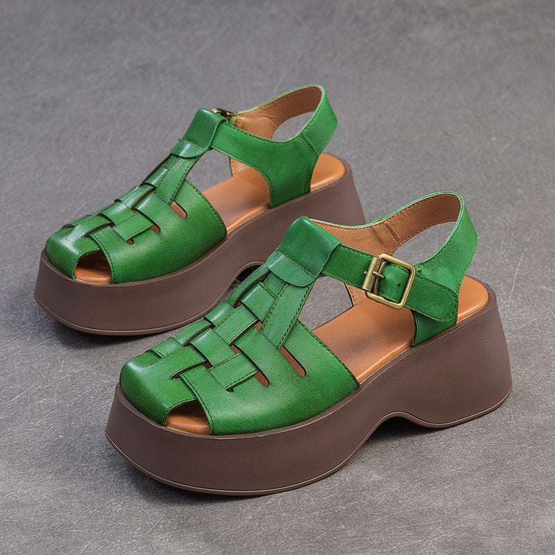 Women Summer Handmade Plaited Leather Platform Sandals-RAIIFY