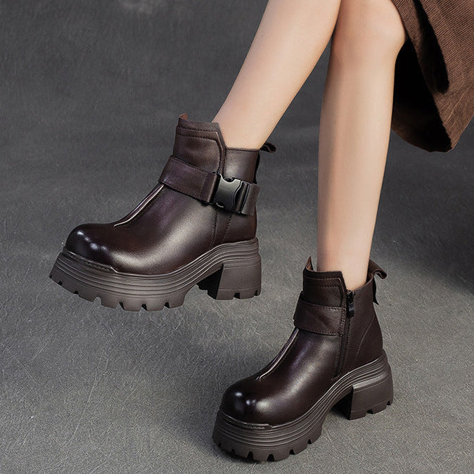 Women's Minimalist Plain Leather Buckle Furred Snow Boots-RAIIFY