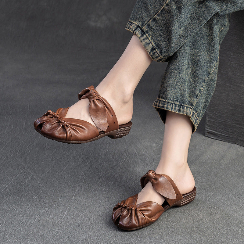 Women Summer Retro Soft Leather Casual Slides Sandals-RAIIFY