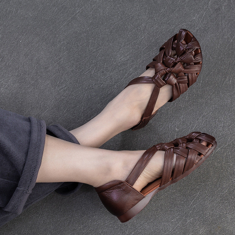 Women Vintage Plaited Leather Velcro Flat Sandals-RAIIFY