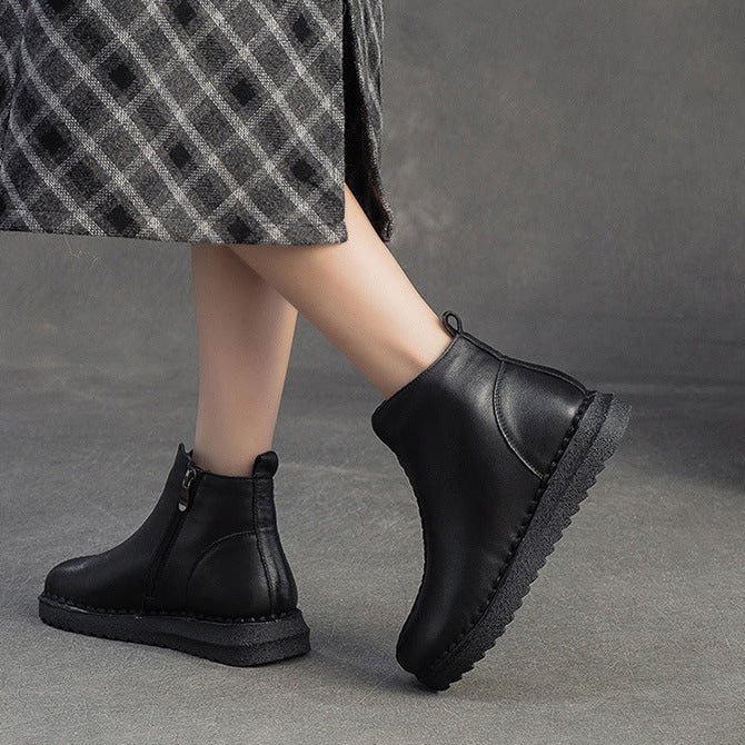 Women's Vintage Plain Leather Furred Flat Ankle Boots-RAIIFY