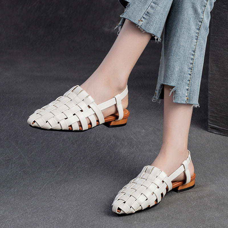 Women Retro Plaited Leather Pointed Toe Casual Sandals-RAIIFY