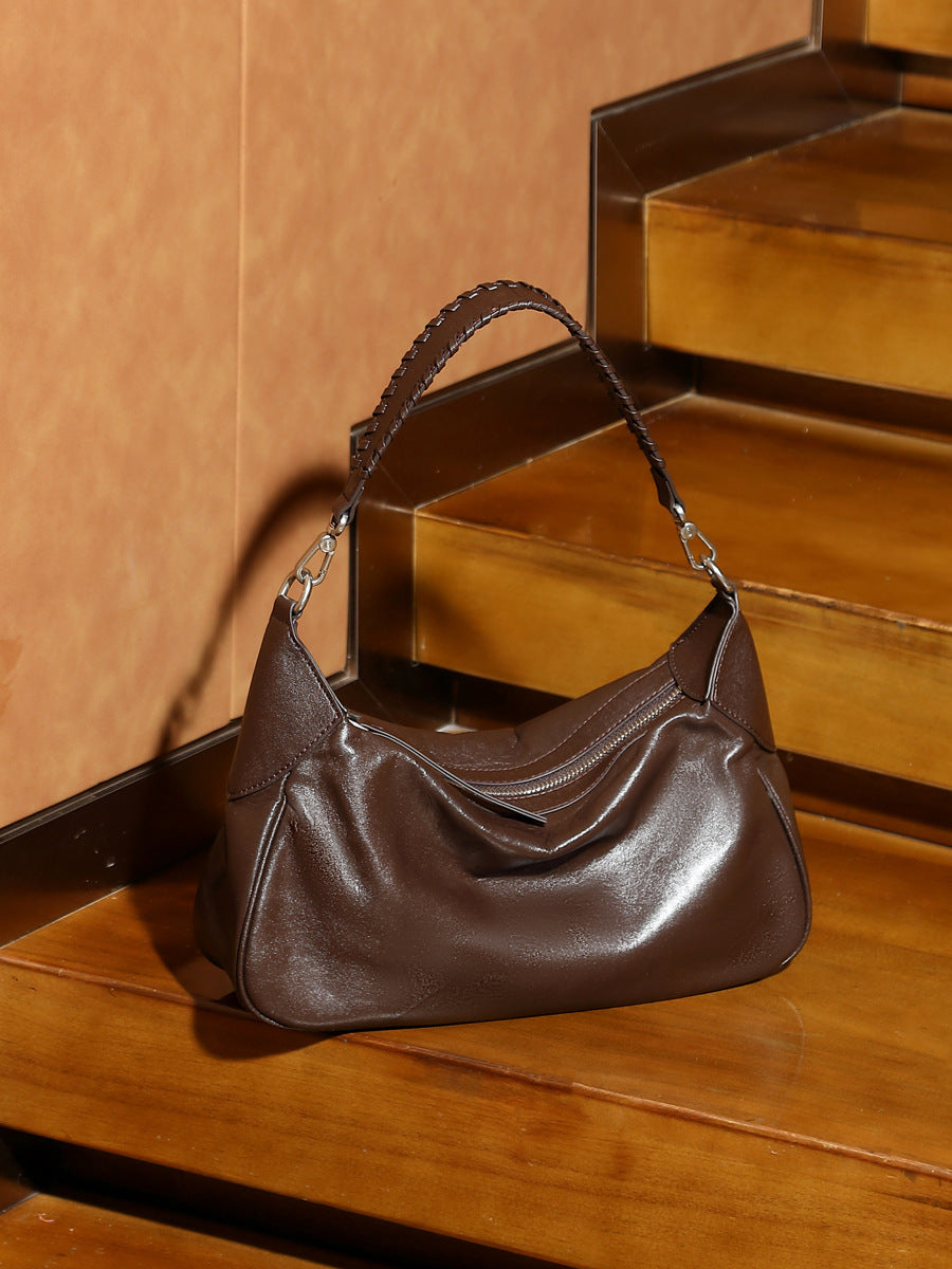 Women’s Retro Plain Soft Leather Retro Shoulder Hobo Bag-RAIIFY