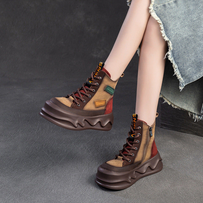 Women Retro Color Matching Leather Winter Platform Boots-RAIIFY
