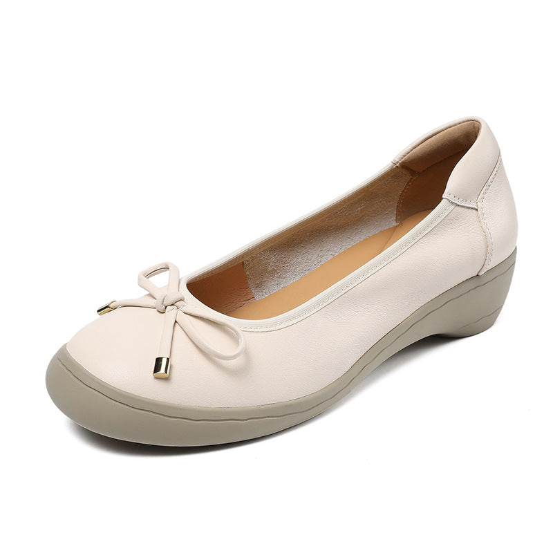Women Solid Leather Low Wedge Bowknot Casual Shoes-RAIIFY