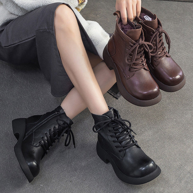 Women's Minimalist Plain Leather Woolen Snow Boots-RAIIFY