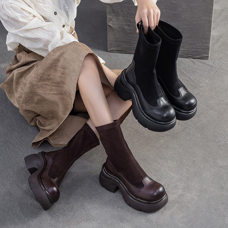 Women's Minimalist Retro Leather Elastic Mid-Calf Boots-RAIIFY