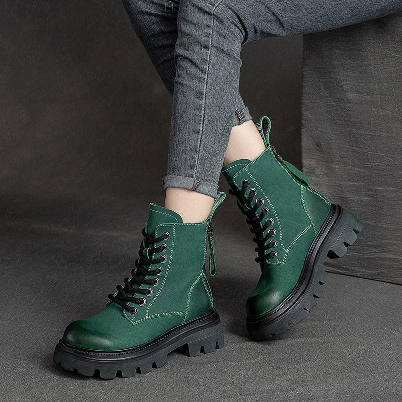 Women Fashion Solid Leather Motorcycle Riding Boots-RAIIFY