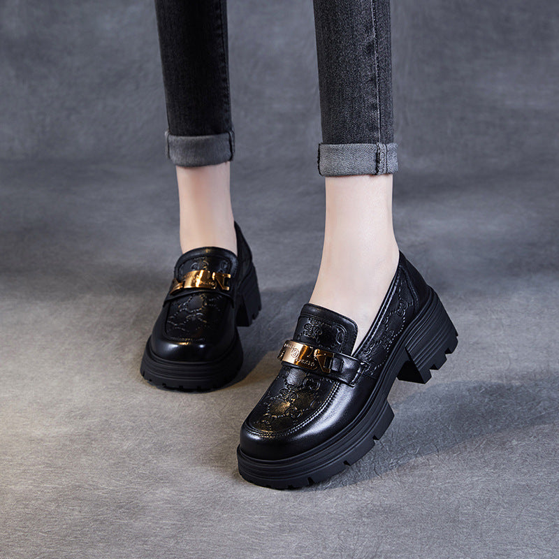 Women Retro Embossed Leather Thick Soled Loafers-RAIIFY