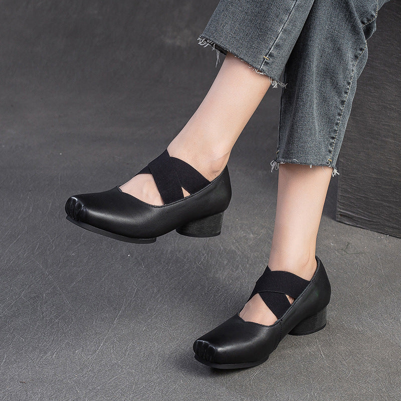 Women Retro Leather Cross Strap Low Block Casual Shoes-RAIIFY