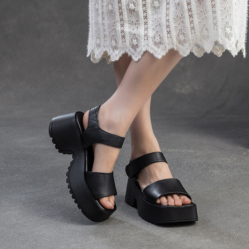 Women Retro Plain Leather Chunky Platform Sandals-RAIIFY