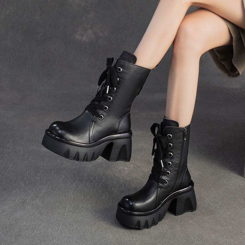 Women's Vintage Leather Chunky Platform Mid-Calf Boots-RAIIFY