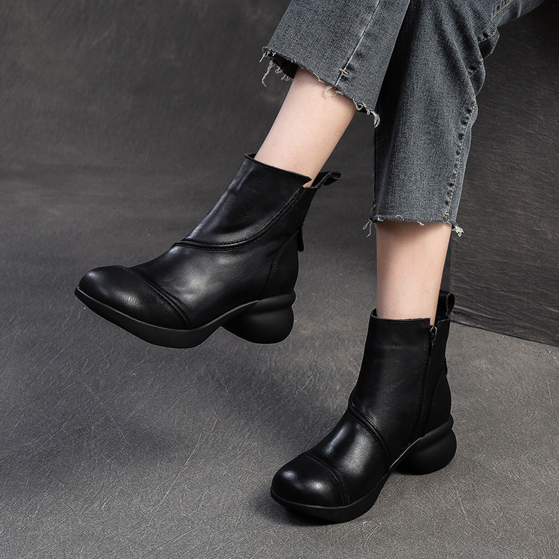 Women Vintage Solid Leather Low Block Ankle Boots-RAIIFY