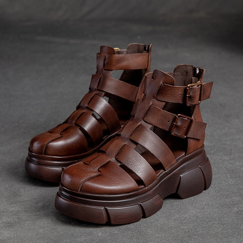 Women's Retro Plaited Leather Platform Bootie Sandals-RAIIFY