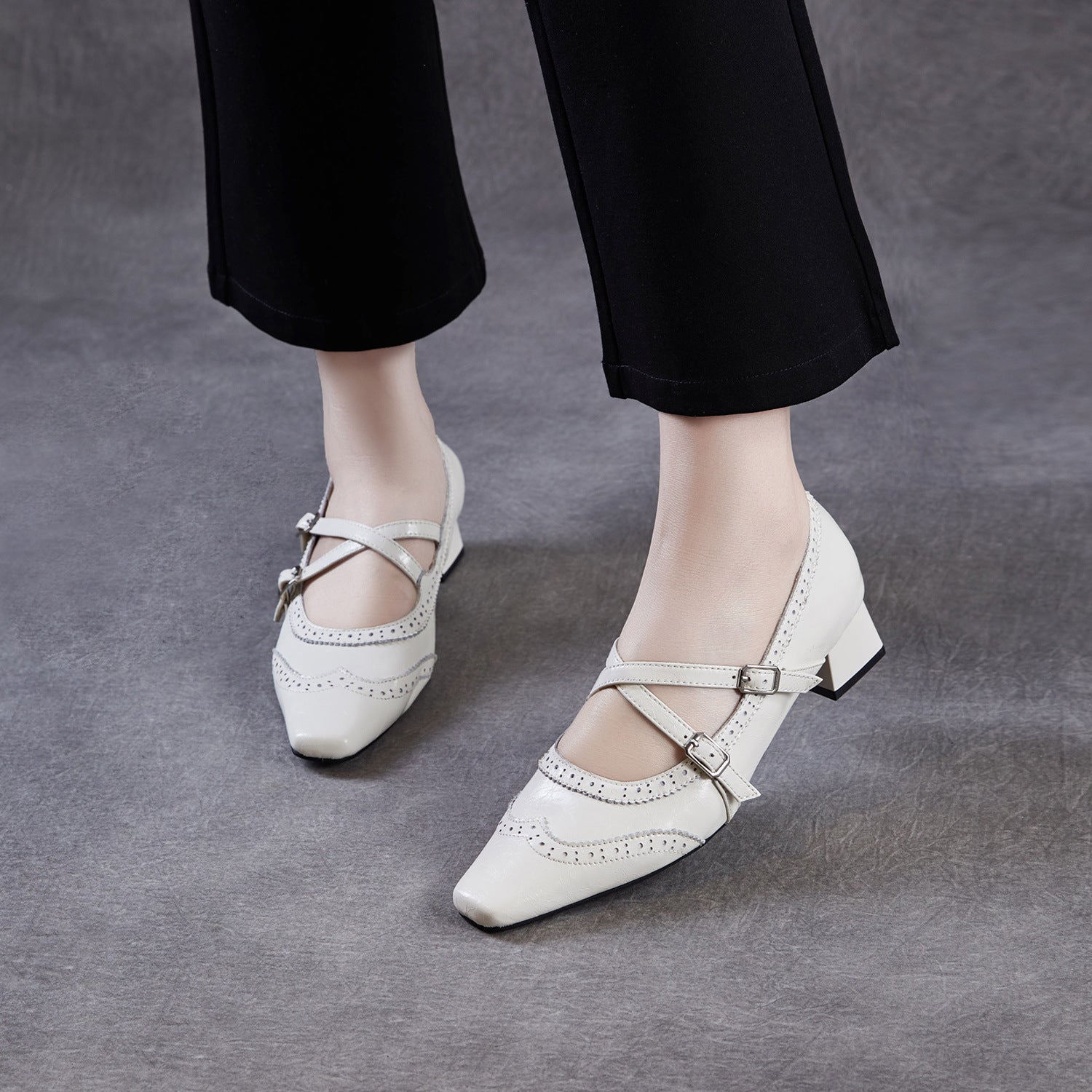 Women's French Style Top Grain Cowhide Square Toe Mary Jane Pumps