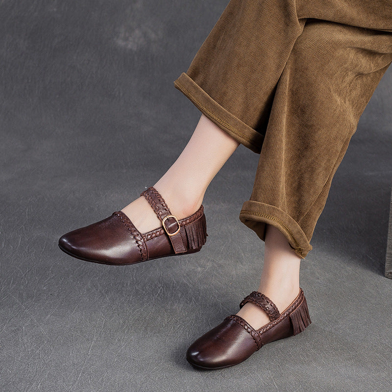 Women's Vintage Leather Tassel Soft Flats-RAIIFY