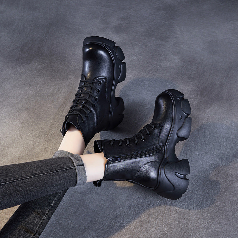 Women's Retro Plain Leather Chunky Platform Boots-RAIIFY