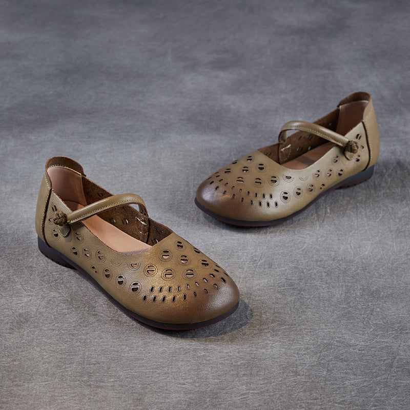 Women Retro Hollow Leather Soft Casual Flats-RAIIFY