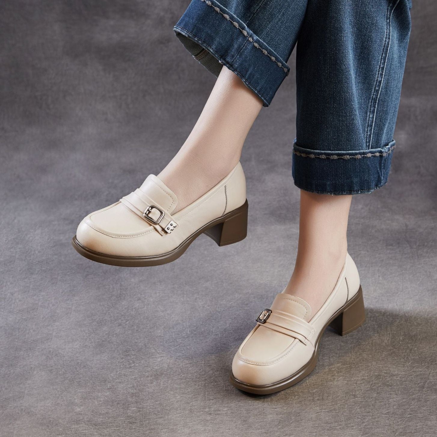 Women's Retro Leather Comfort Block Heel Loafers