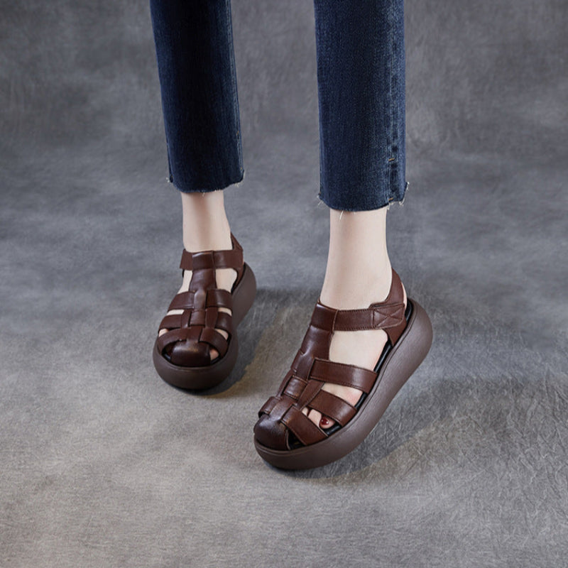 Women's Retro Plain Leather Casual Platform Sandals-RAIIFY