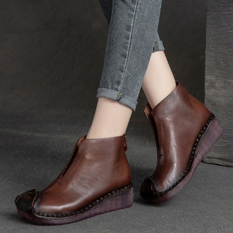 Women Retro Low Wedge Leather Ankle Boots-RAIIFY