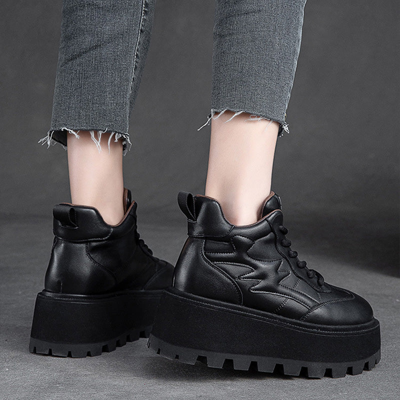 Women Minimalist Cowhide Chunky Platform Casual Shoes-RAIIFY