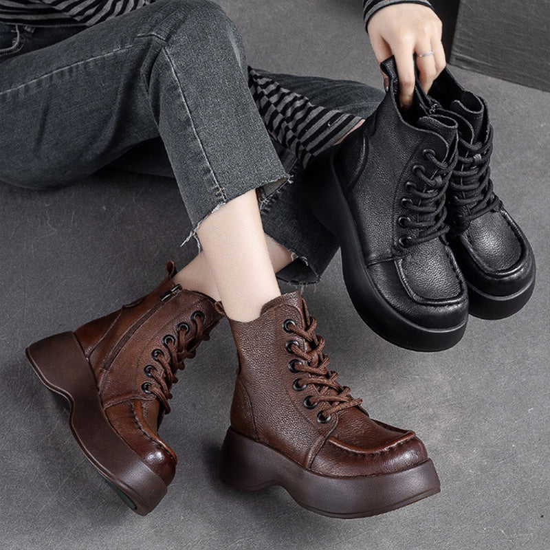Women Retro Minimalist Leather Platform Boots-RAIIFY