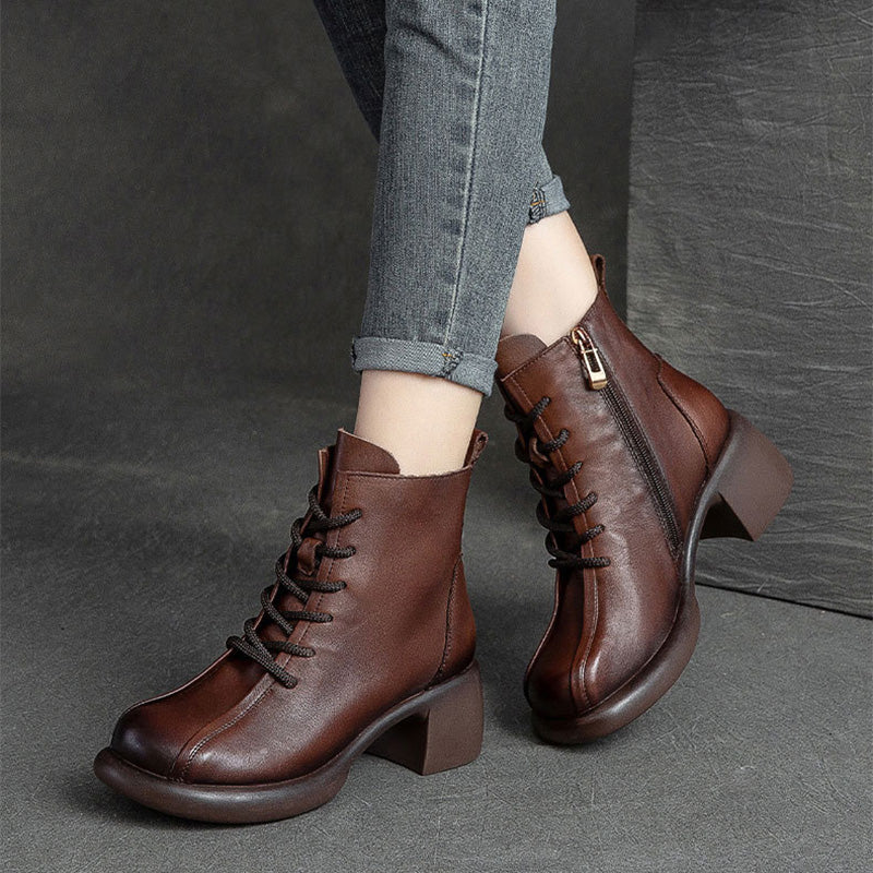 Women Retro Soft Leather Chunky Heel Boots-RAIIFY