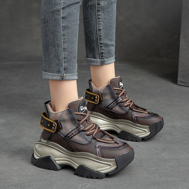 Women Retro Fashion Leather Chunky Platform Dad Shoes-RAIIFY